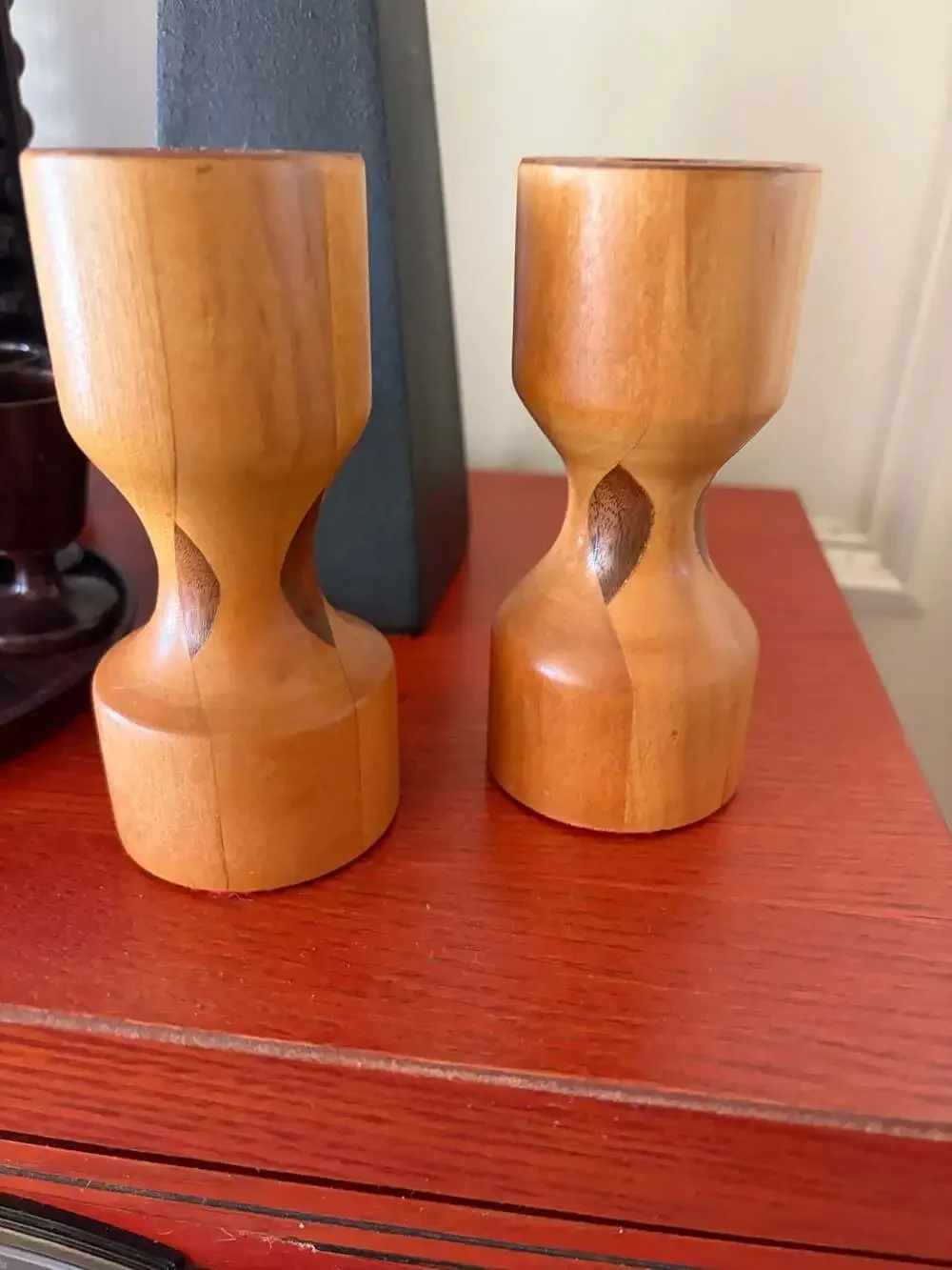 Pair of Mid-Century Danish Modern Turned Wood Candlestick Holders with Inlay